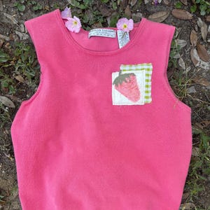 Handmade Embroidered Fuzzy Scrap Fabric Strawberry with Gingham on Women&#39;s Pink Tank Top Shirt