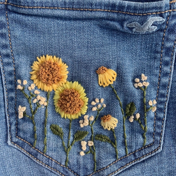 Embroidered Sunflower Shorts, Embroidered Shorts, Embroidered Pants, Hand Embroidery, Handmade Shorts, Embroidered Flowers, Floral