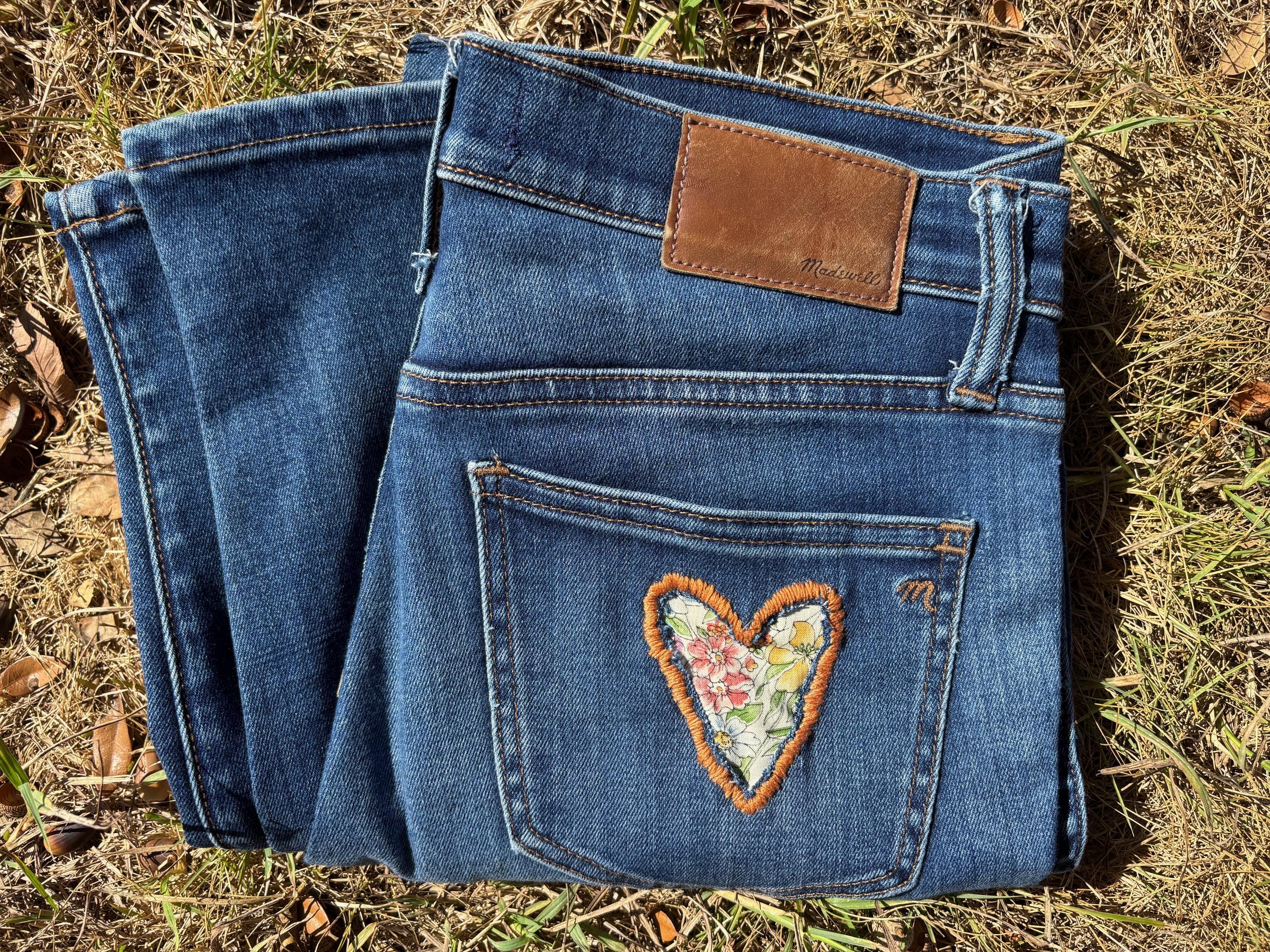 Hand Embroidered Heart Jeans, Handmade Jeans, Hand