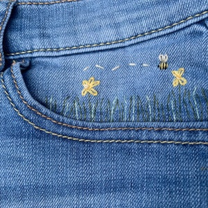 Embroidered Bee and Flowers Shorts, Embroidered Shorts, Hand Embroidery, Handmade Shorts, Embroidered Flowers, Floral