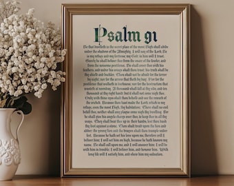 Salmo 91 - Arte de pared con versículo bíblico cristiano - Póster con fe y protección - Decoración religiosa inspiradora - Arte para el hogar en azul marino