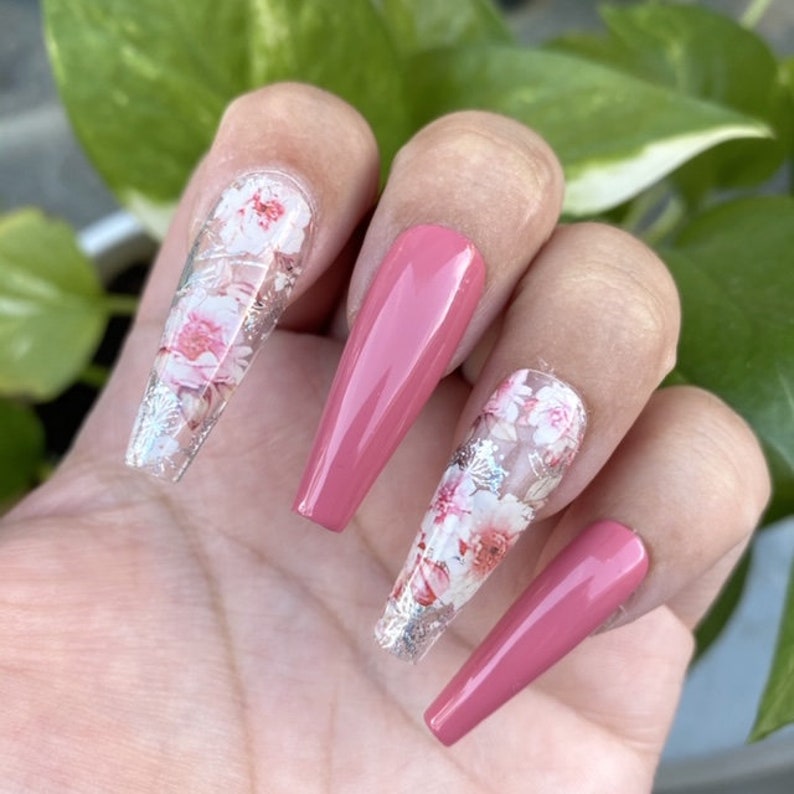 Pink Floral Press on Nails Spring Nails Etsy