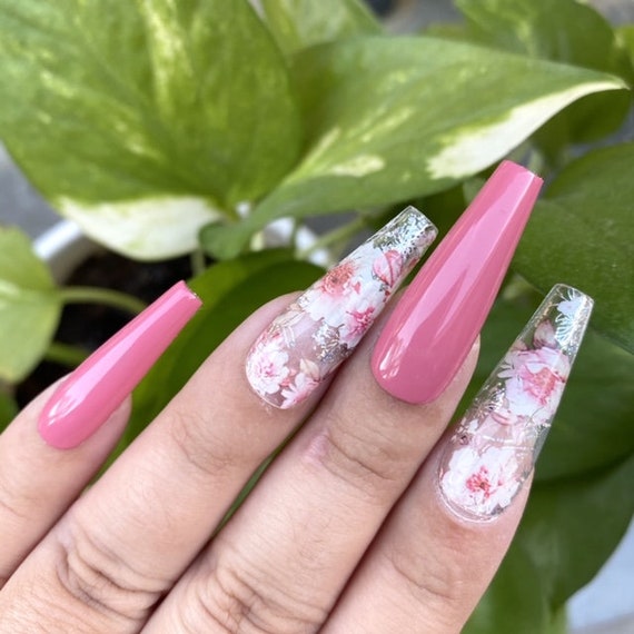 Pink Floral Press on Nails Spring Nails | Etsy