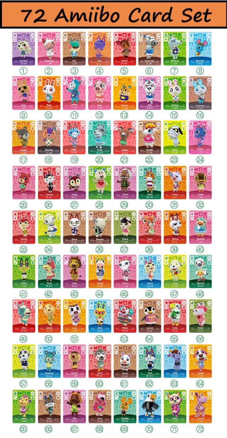 72 Amiibos Set Animal Crossing New Horizon Amiibo Custom | Etsy