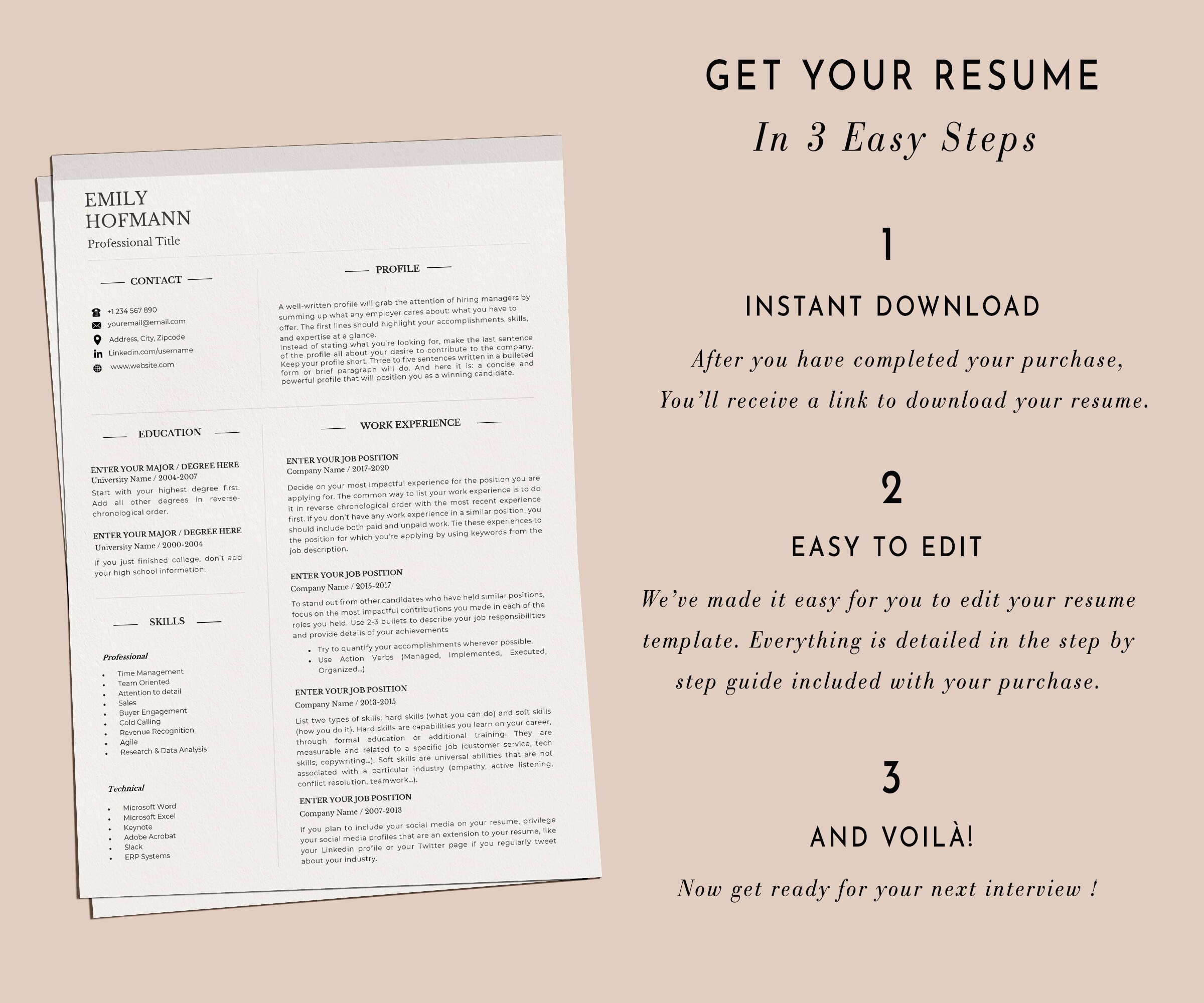 CV Template Word and Pages ⎥ 1 Page Resume and 2 Page Resume Template ...