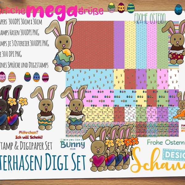 Ostern Osterhase Digipapier Digistamps Plotterdatei mit Sprüchen PNG SVG Basteln zu Ostern niedliche Hasen und Ostereier Karten basteln