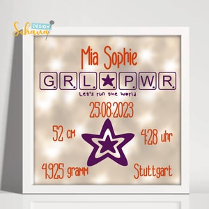 Fichier traceur de naissance pour cadre effet étoile DXF SVG numéros girl power girl baby born félicitations bébé cadeau poids temps