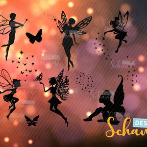 May include: Silhouettes of fairies with wings and wands, some with butterflies, against a blurred background of sparkling lights. The text "DESIGN Schana" is in the lower right corner.