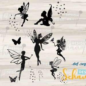Könnte beinhalten: Ein Set mit sechs schwarzen Silhouetten von Feen mit Flügeln, Zauberstäben und Schmetterlingen. Die Feen sind in verschiedenen Posen, darunter fliegend, sitzend und stehend. Das Design ist perfekt für Bastelprojekte, Scrapbooking und digitales Design.