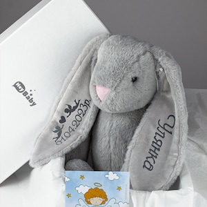 Regalo di battesimo Biglietto personalizzato Coniglietto con nome Regalo per bambini Giocattolo personalizzato Regalo di battesimo Regalo di battesimo per ragazzo Ricordo di battesimo per ragazza