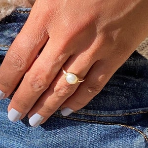 Delicate Pearl Gold ring, 14k Solid Gold ring image 3