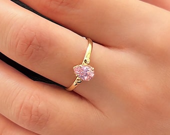 Pear Pink C.z Engagement Gold ring, 14k Solid Gold ring