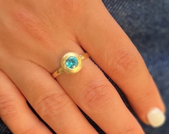 Blue Topaz Engagement Gold ring, 14k Solid Gold