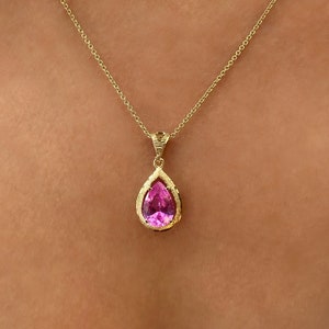 14K Gold Pink Spinel Necklace, Pear-Shaped Gemstone Pendant, Dainty Solid Gold Jewelry, Pink Gemstone Necklace Gift for Her Mothers Day Gift