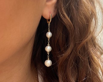 Pearl Threader Earring, Dainty Threader Earrings, Pearl Dangle Earrings, Christmas Gift, 14K solid Gold Jewelry