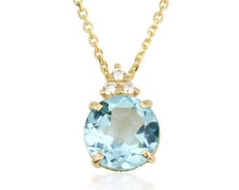 Blue Topaz Gold Necklace, 14k Solid Gold Necklace