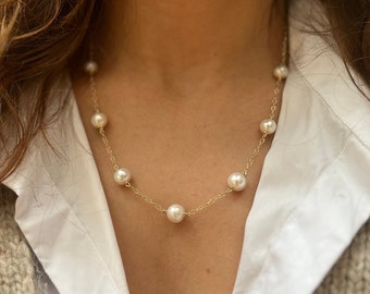 wedding Pearl Necklace, 14K Solid Gold Necklace