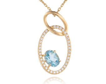 Blue Topaz Necklace, 14K Solid Gold Necklace