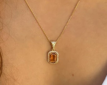 Citrine Gold Necklace, Solid 14K Gold.