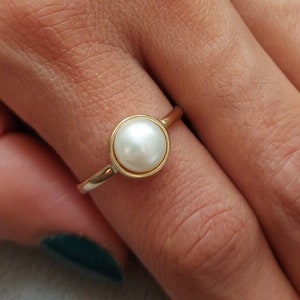 Delicate Pearl Gold ring, 14k Solid Gold ring image 1