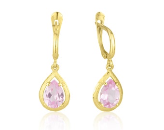 Pink Spinel pear gold earrings, 14k solid gold earrings