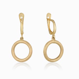 14K Solid Gold Dangling Circle Earrings, Minimalist Drop Hoop Earrings, Dainty Everyday Gold Jewelry, Handmade Fine Earrings for Her
