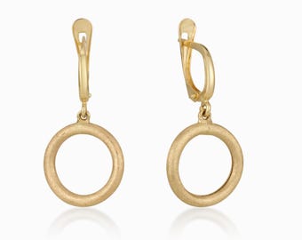 14K Solid Gold Dangling Circle Earrings, Minimalist Drop Hoop Earrings, Dainty Everyday Gold Jewelry, Handmade Fine Earrings for Her