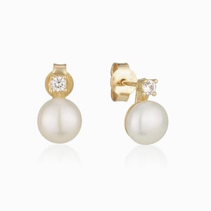 14K Solid Gold Pearl and Diamond Stud Earrings, 8mm AAAA Freshwater Pearls, Dainty Classic Gold Jewelry, Bridal or Everyday Earrings