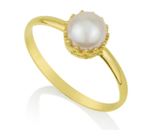Pearl Gold ring, 14k Solid Gold ring, bridal pearl ring