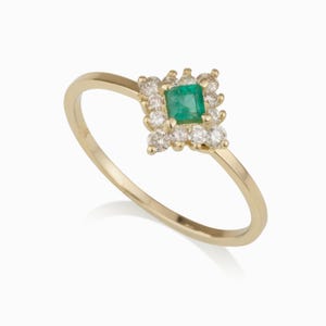 14K Gold Emerald and Diamond Ring, Natural Square Emerald Engagement Ring, Dainty May Birthstone Jewelry, Solid Gold Promise Ring