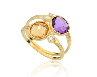 Handmade Dual Gemstone color Gold Ring, 2 Stone 14K Gold Ring, Purple Amethyst & Citrine, Engagement Designer Unique Jewelry , Zirconia