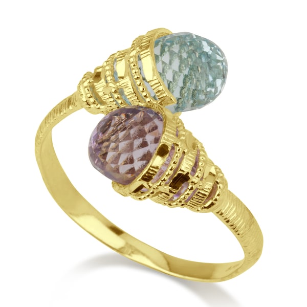 Anello d'oro a base di pietra 14K fatta a mano Shell Dual Gemstone, 2 Stone 14K Gold Ring, Purple Amethyst & Blue Topaz, Engagement Designer Unique Jewelry.