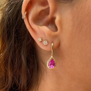 14K Solid Gold Pink Spinel Earrings, Pear Shape Dangle Earrings, Dainty Gemstone Drop Earrings, Real Gold Jewelry Gift for Her image 2