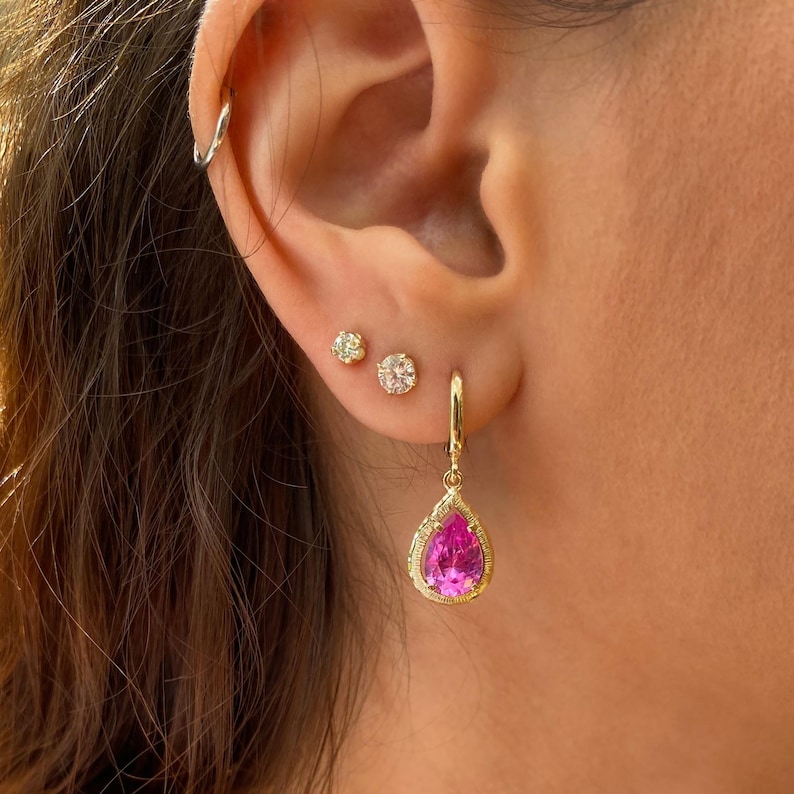 14K Solid Gold Pink Spinel Earrings, Pear Shape Dangle Earrings, Dainty Gemstone Drop Earrings, Real Gold Jewelry Gift for Her image 2