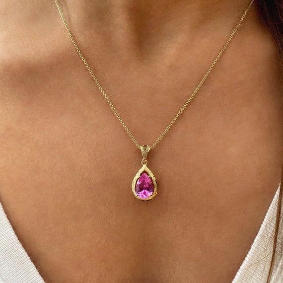 14K Gold Pink Spinel Necklace, Pear-Shaped Gemstone Pendant, Dainty Solid Gold Jewelry, Pink Gemstone Necklace Gift for Her Mothers Day Gift