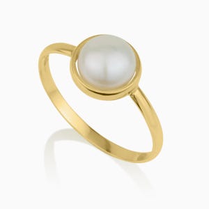 14K Solid Gold Pearl Ring, Delicate Handmade Stacking Ring, Dainty June Birthstone Jewelry Gift for Her, Mother’s Day Gift for Mom
