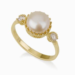 Pearl Engagement Gold ring, Solid 14k Gold ring.