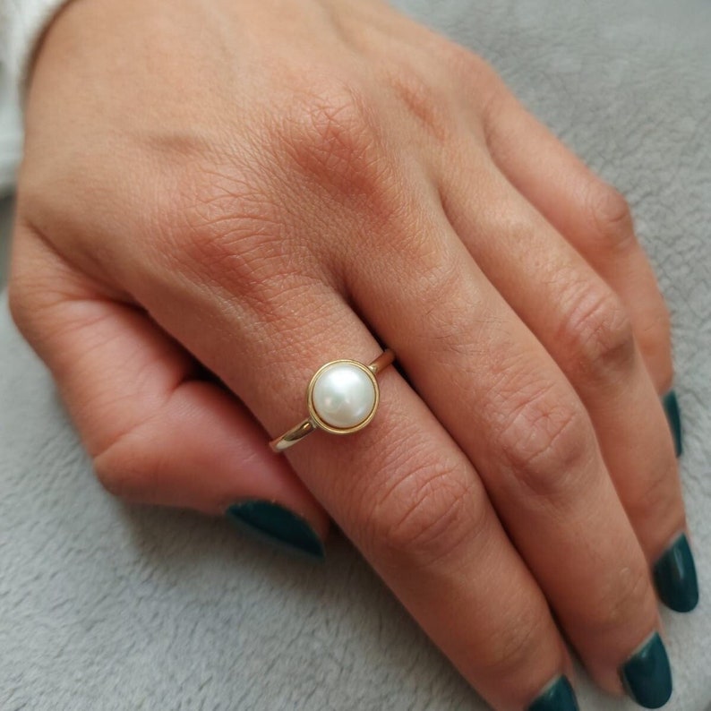 Delicate Pearl Gold ring, 14k Solid Gold ring image 1