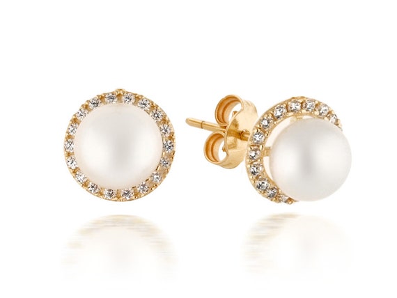 Lovely Pearl Earrings w/ Diamond Halo 14K Yellow Gold
