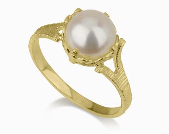 Pearl Engagement Gold ring, 14k Gold ring, Gold ring with pearl, ivory pearl gold ring, bridal pearl ring, bridesmaid gift