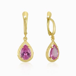 14K Solid Gold Pink Spinel Earrings, Pear Shape Dangle Earrings, Dainty Gemstone Drop Earrings, Real Gold Jewelry Gift for Her