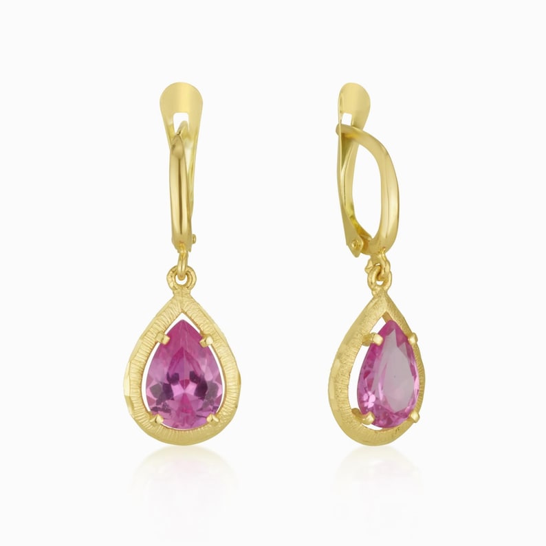 14K Solid Gold Pink Spinel Earrings, Pear Shape Dangle Earrings, Dainty Gemstone Drop Earrings, Real Gold Jewelry Gift for Her image 1