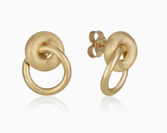 14K Gold Kreis Ohrringe, Matt und glänzend Finish, Moderne Ohrstecker, Doppelkreis aus Massivgold, Minimalistische Gold Ohrringe, Schmuck für den Alltag