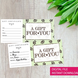Modèle de certificat cadeau imprimable pour vous, Chèque-cadeau, Carte-cadeau, Téléchargement immédiat, Animal de compagnie, Patte de chien, Idée cadeau