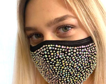 Swarovski Crystal Mask Cotton Face Mask, Washable & Reusable Face Covering With Filter, Graduation Bling Mask