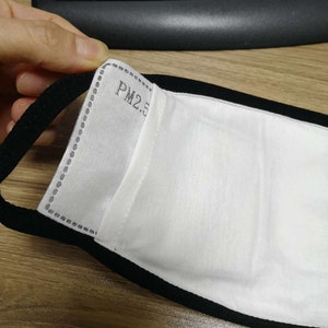 May include: Black face mask with a white filter insert that says "PM2.5" on it.