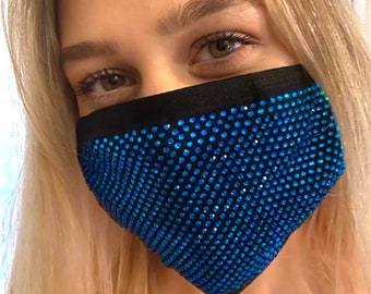 Sale Blue Rhinestones Bling Face Mask, Bedazzled Face Covering, Graduation Mask, Designer Mask For Work