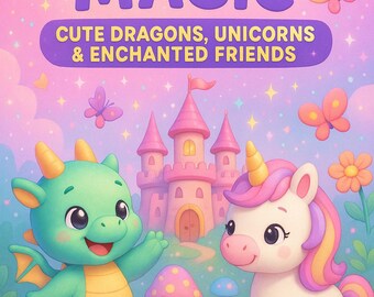 Kleurboek Eenhoorn en draken voor kinderen | Afdrukbaar fantasie (pdf-patroon)