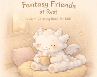 Calm Fantasy Friends kleurboek voor kinderen – bedtijd, 20 pagina’s (pdf-patroon)