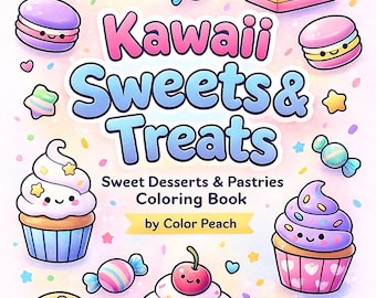 以下が含まれることがあります： 「Kawaii Sweets & Treats」というタイトルの塗り絵本のカラフルなイラスト。表紙には、かわいい顔のカップケーキ、ドーナツ、マカロンなど、さまざまなデザートが描かれています。Color Peachによる本です。